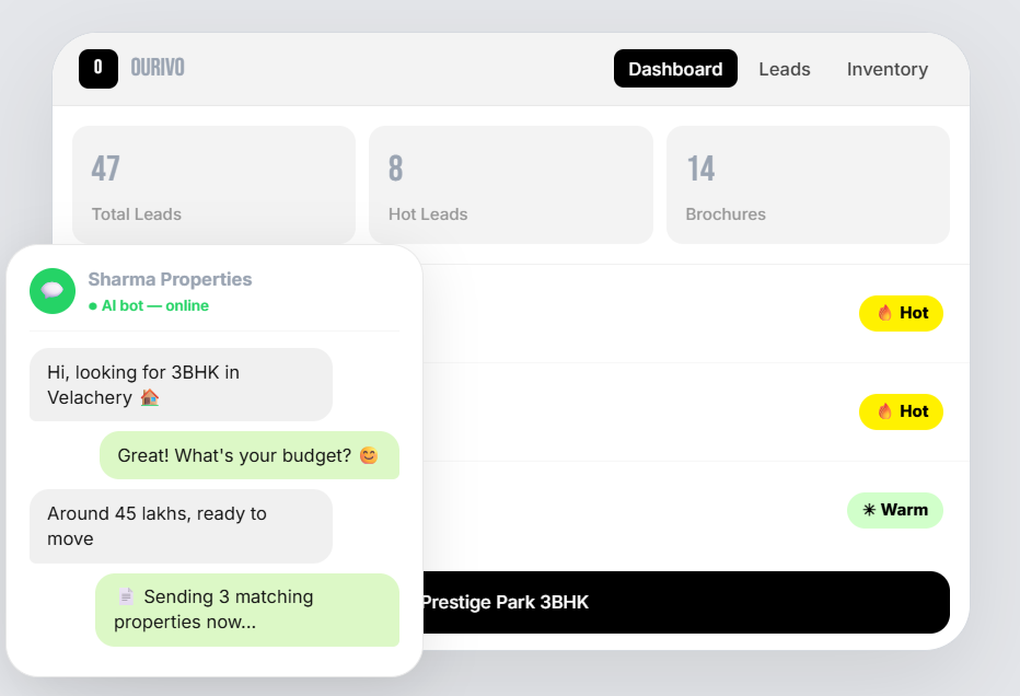 A chat conversation between a customer and an AI agent, with a lead dashboard visible behind it