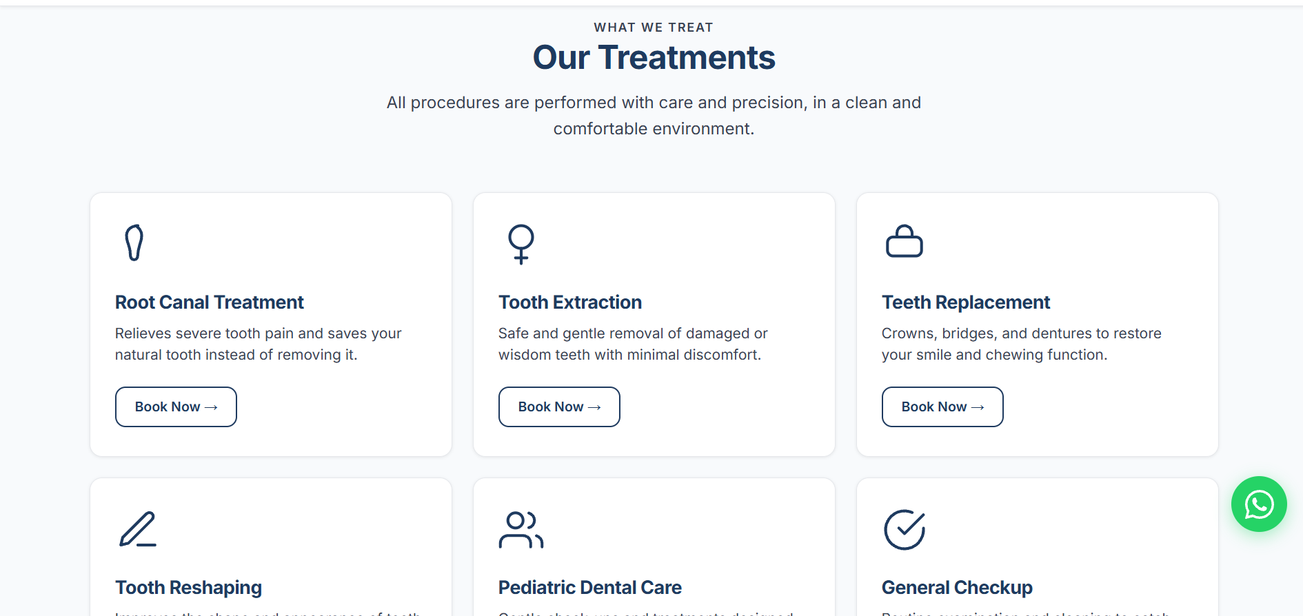 The treatments section of a dental clinic website we built, showing a grid of services with booking buttons